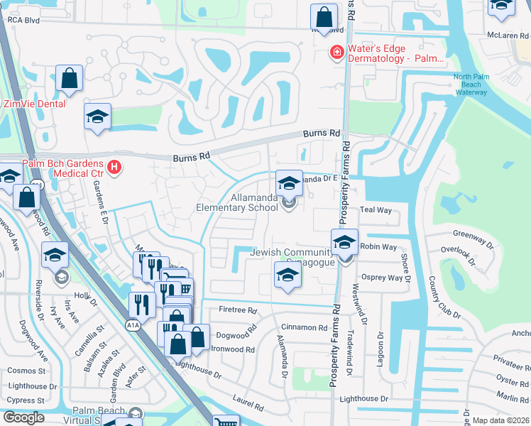 map of restaurants, bars, coffee shops, grocery stores, and more near 10212 Allamanda Boulevard in Palm Beach Gardens