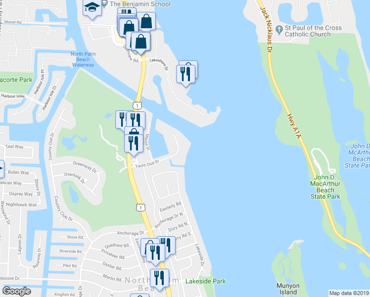 map of restaurants, bars, coffee shops, grocery stores, and more near 52 Yacht Club Drive in North Palm Beach