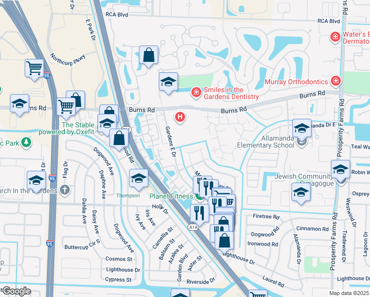 map of restaurants, bars, coffee shops, grocery stores, and more near 3350 Meridian Way South in Palm Beach Gardens