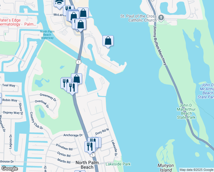 map of restaurants, bars, coffee shops, grocery stores, and more near 52 Yacht Club Drive in North Palm Beach
