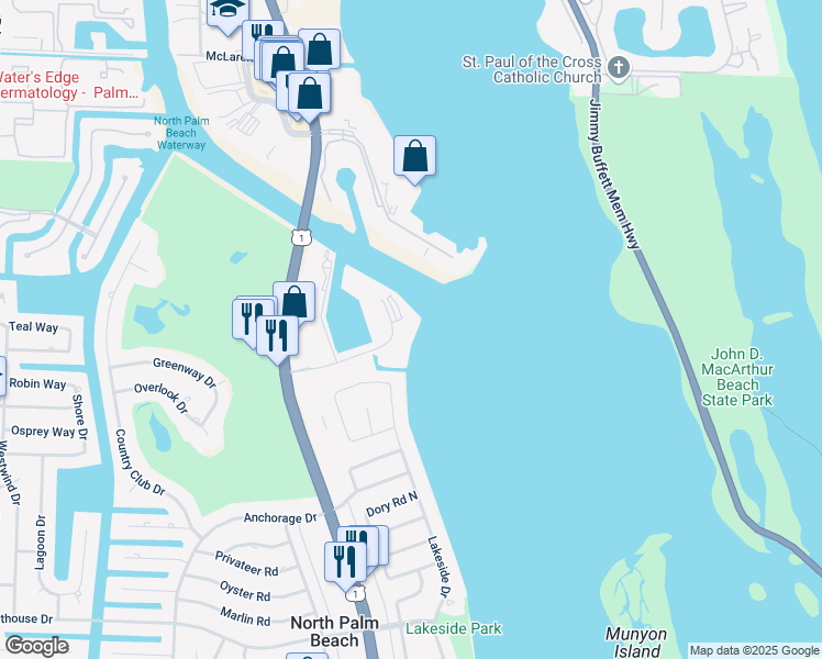 map of restaurants, bars, coffee shops, grocery stores, and more near 52 Yacht Club Drive in North Palm Beach