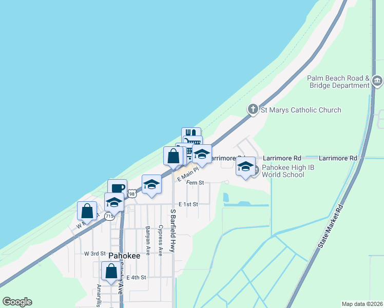 map of restaurants, bars, coffee shops, grocery stores, and more near 715 East Main Street in Pahokee