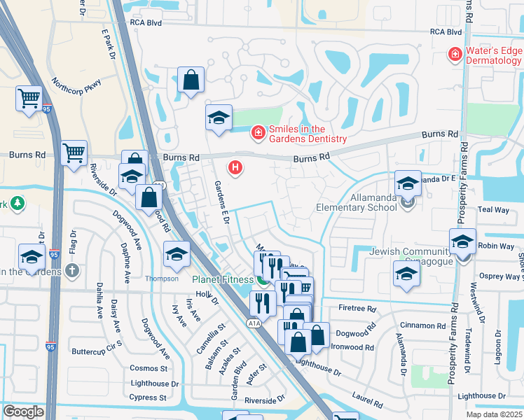 map of restaurants, bars, coffee shops, grocery stores, and more near 3358 Meridian Way North in Palm Beach Gardens