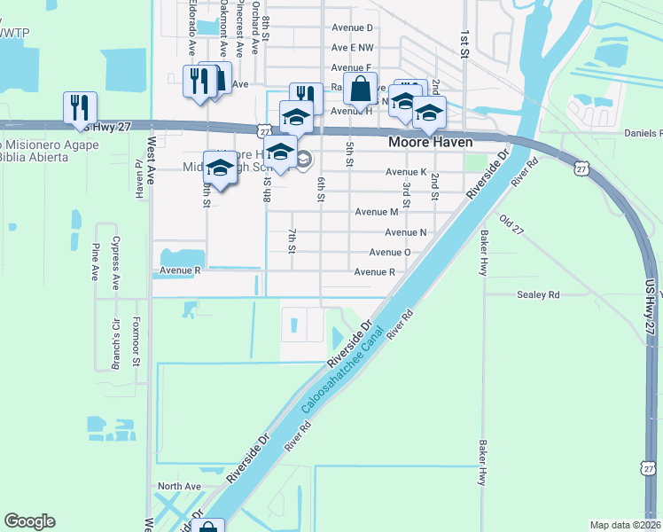map of restaurants, bars, coffee shops, grocery stores, and more near 532 Avenue R in Moore Haven