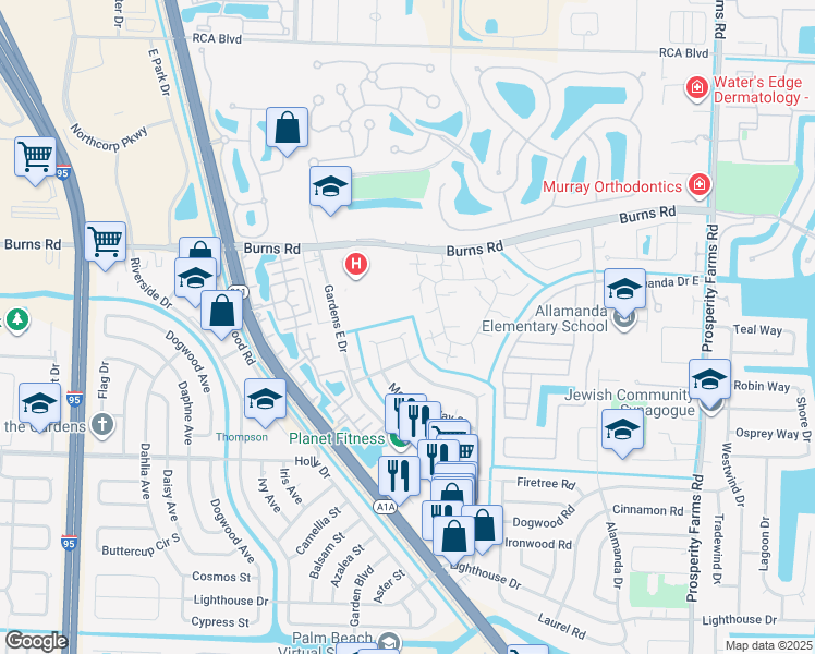 map of restaurants, bars, coffee shops, grocery stores, and more near 3345 Meridian Way North in Palm Beach Gardens