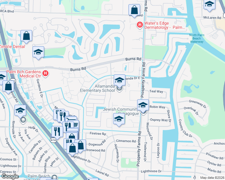 map of restaurants, bars, coffee shops, grocery stores, and more near 10212 Allamanda Boulevard in Palm Beach Gardens