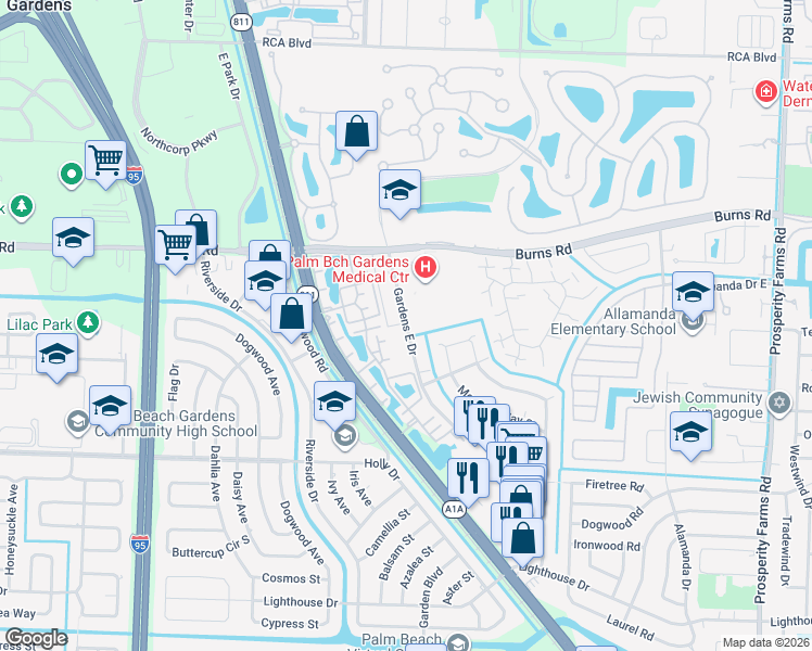 map of restaurants, bars, coffee shops, grocery stores, and more near Gardens East Drive in Palm Beach Gardens