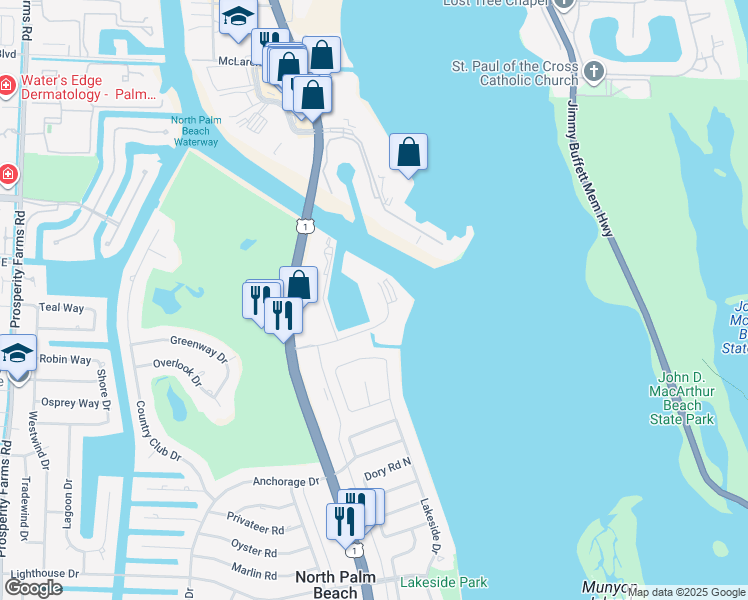 map of restaurants, bars, coffee shops, grocery stores, and more near 45 Yacht Club Drive in North Palm Beach