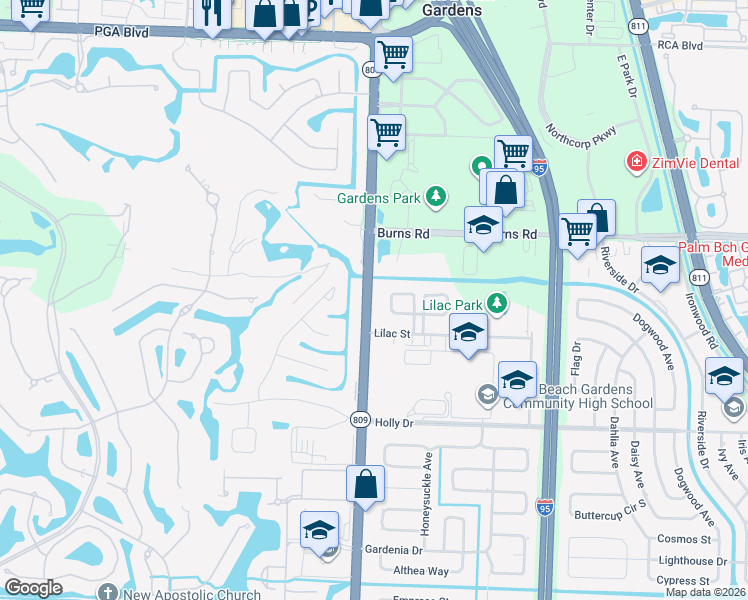 map of restaurants, bars, coffee shops, grocery stores, and more near 10333 North Military Trail in Palm Beach Gardens