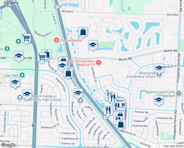 map of restaurants, bars, coffee shops, grocery stores, and more near 3400 Gardens East Drive in Palm Beach Gardens
