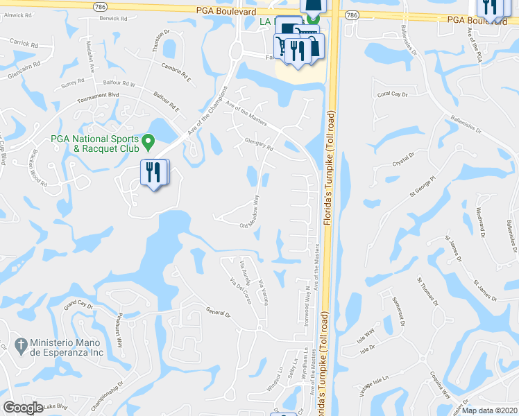 map of restaurants, bars, coffee shops, grocery stores, and more near 203 Old Meadow Way in Palm Beach Gardens