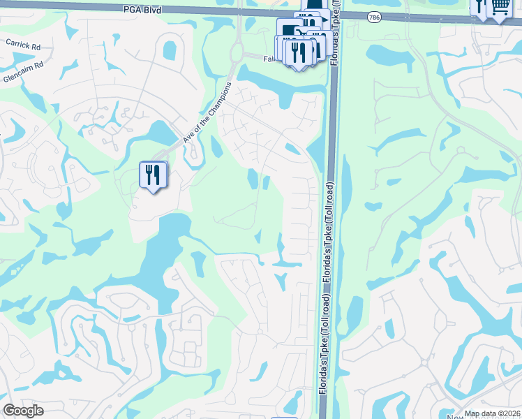 map of restaurants, bars, coffee shops, grocery stores, and more near 203 Old Meadow Way in Palm Beach Gardens