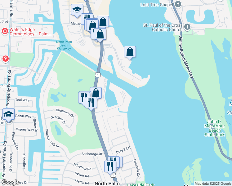 map of restaurants, bars, coffee shops, grocery stores, and more near 29 Yacht Club Drive in North Palm Beach