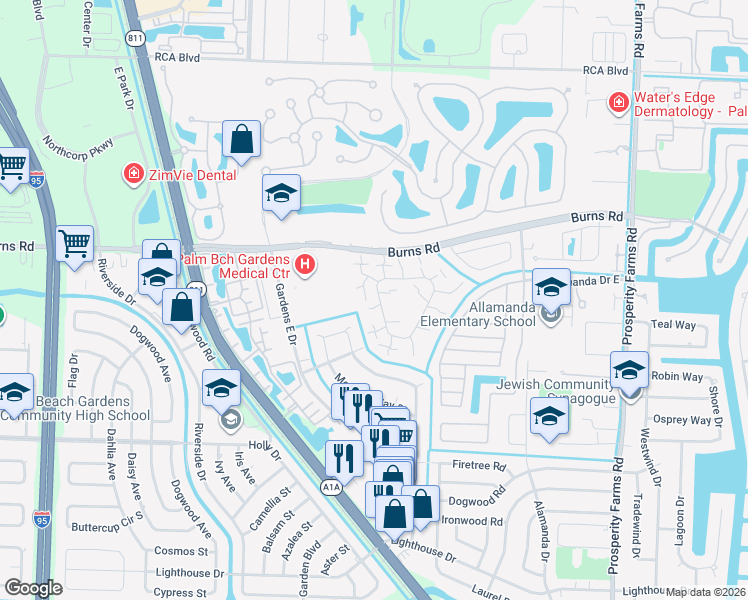 map of restaurants, bars, coffee shops, grocery stores, and more near 1122 11th Court in Palm Beach Gardens