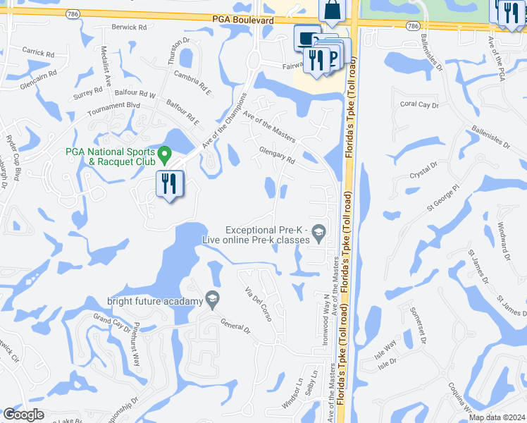 map of restaurants, bars, coffee shops, grocery stores, and more near 120 Old Meadow Way in Palm Beach Gardens