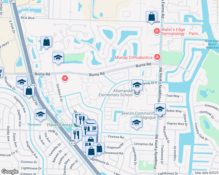 map of restaurants, bars, coffee shops, grocery stores, and more near 319 3rd Court in Palm Beach Gardens