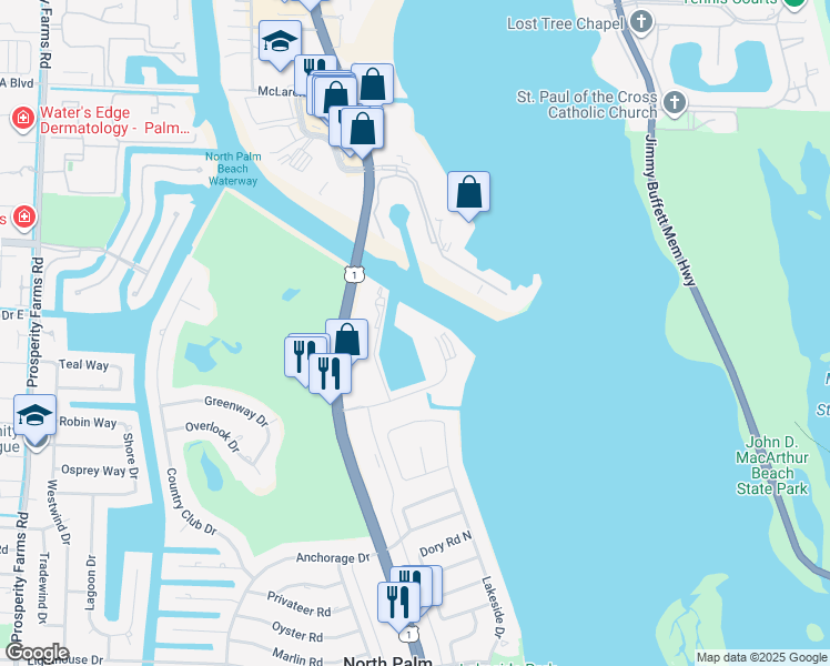 map of restaurants, bars, coffee shops, grocery stores, and more near 24 Yacht Club Drive in North Palm Beach