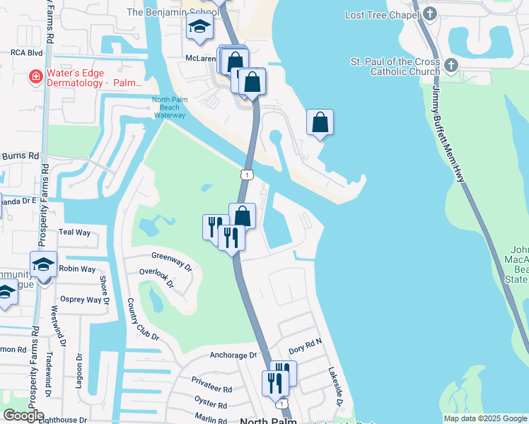 map of restaurants, bars, coffee shops, grocery stores, and more near 10 Marina Drive in North Palm Beach