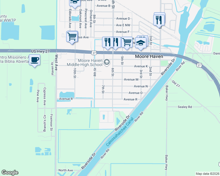 map of restaurants, bars, coffee shops, grocery stores, and more near 628 Avenue North in Moore Haven