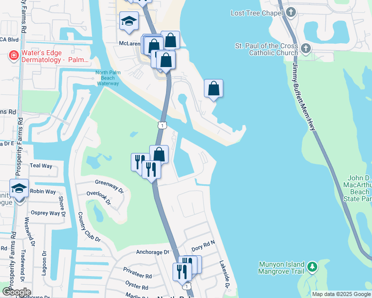 map of restaurants, bars, coffee shops, grocery stores, and more near 24 Yacht Club Drive in North Palm Beach
