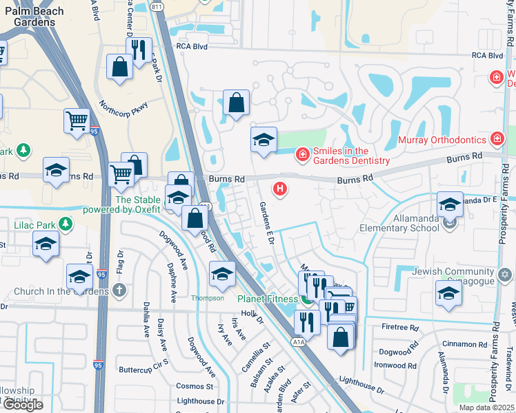 map of restaurants, bars, coffee shops, grocery stores, and more near 3512 Gardens East Drive in Palm Beach Gardens
