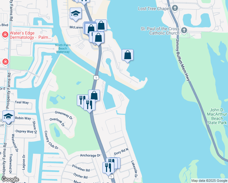 map of restaurants, bars, coffee shops, grocery stores, and more near 24 Yacht Club Drive in North Palm Beach