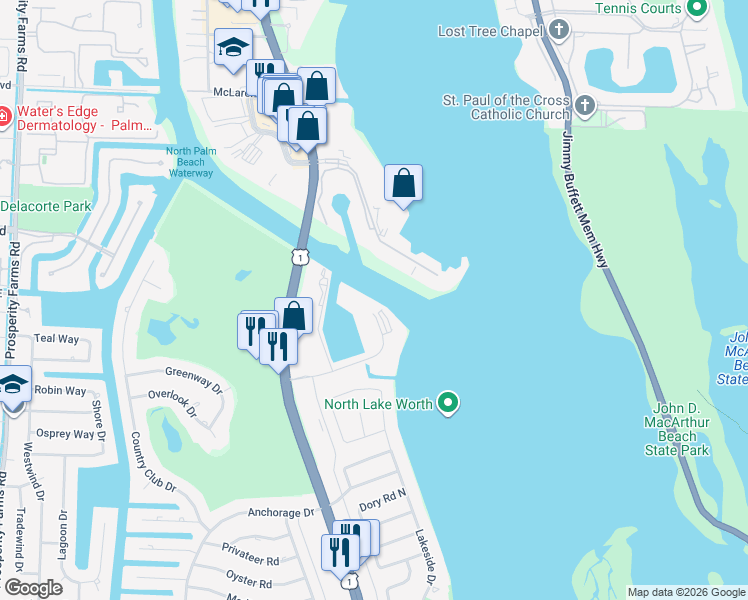 map of restaurants, bars, coffee shops, grocery stores, and more near 28 Yacht Club Drive in North Palm Beach