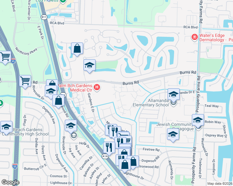 map of restaurants, bars, coffee shops, grocery stores, and more near 1302 13th Court in Palm Beach Gardens