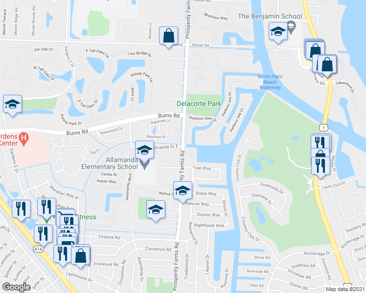 map of restaurants, bars, coffee shops, grocery stores, and more near Prosperity Farms Rd & Allamanda Dr E in North Palm Beach