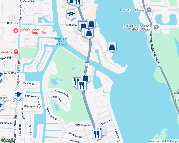 map of restaurants, bars, coffee shops, grocery stores, and more near 1036 N US 1 in North Palm Beach