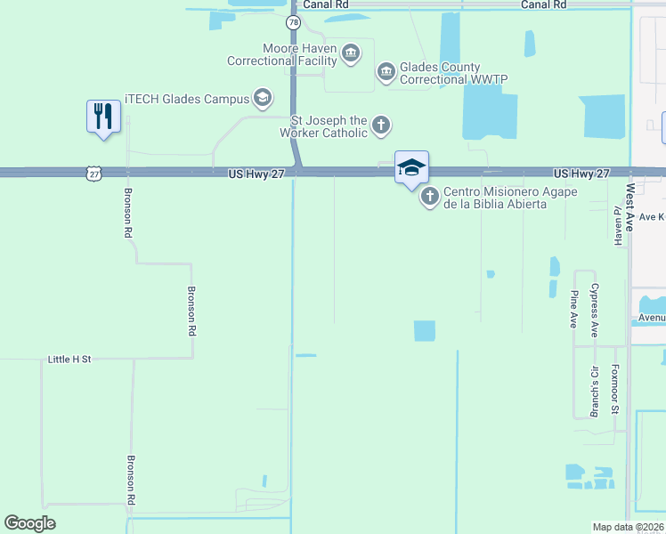 map of restaurants, bars, coffee shops, grocery stores, and more near 1314 Rodeo Road in Moore Haven