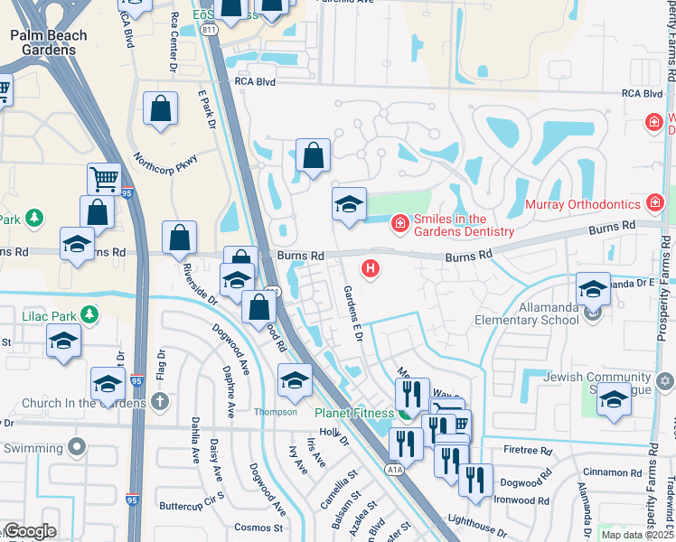 map of restaurants, bars, coffee shops, grocery stores, and more near 3375 Burns Road in Palm Beach Gardens