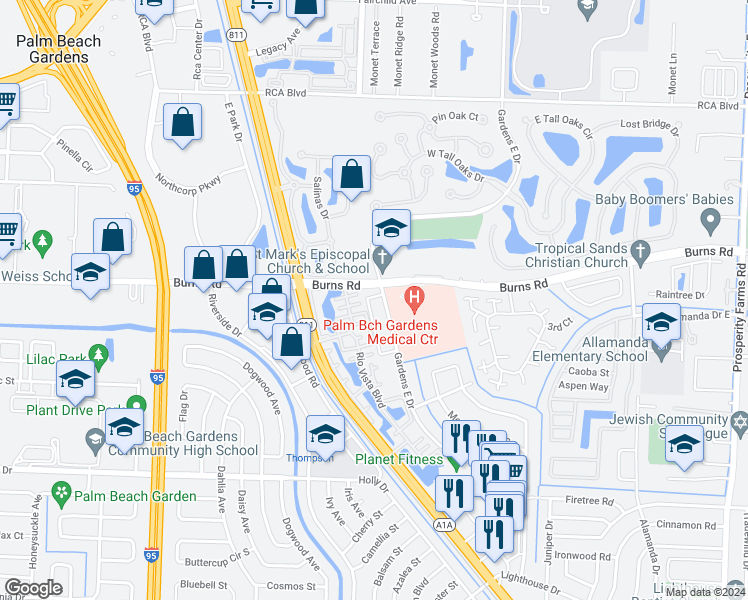 map of restaurants, bars, coffee shops, grocery stores, and more near 3528 Gardens East Drive in Palm Beach Gardens