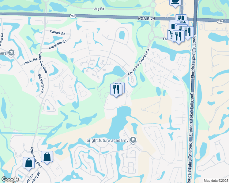 map of restaurants, bars, coffee shops, grocery stores, and more near 100-170 Ave of the Champions in Palm Beach Gardens