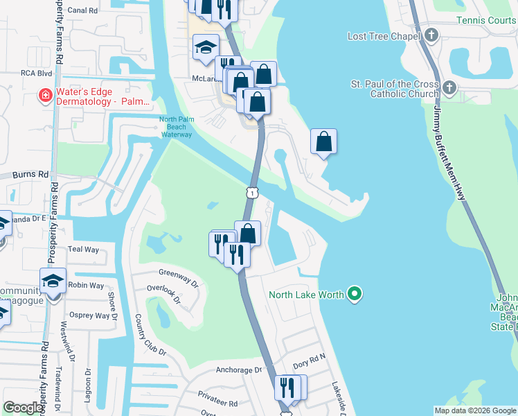 map of restaurants, bars, coffee shops, grocery stores, and more near 1036 U.S. 1 in North Palm Beach