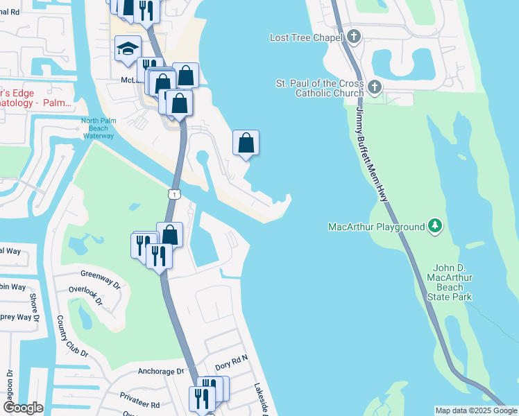 map of restaurants, bars, coffee shops, grocery stores, and more near 115 Lakeshore Drive in North Palm Beach