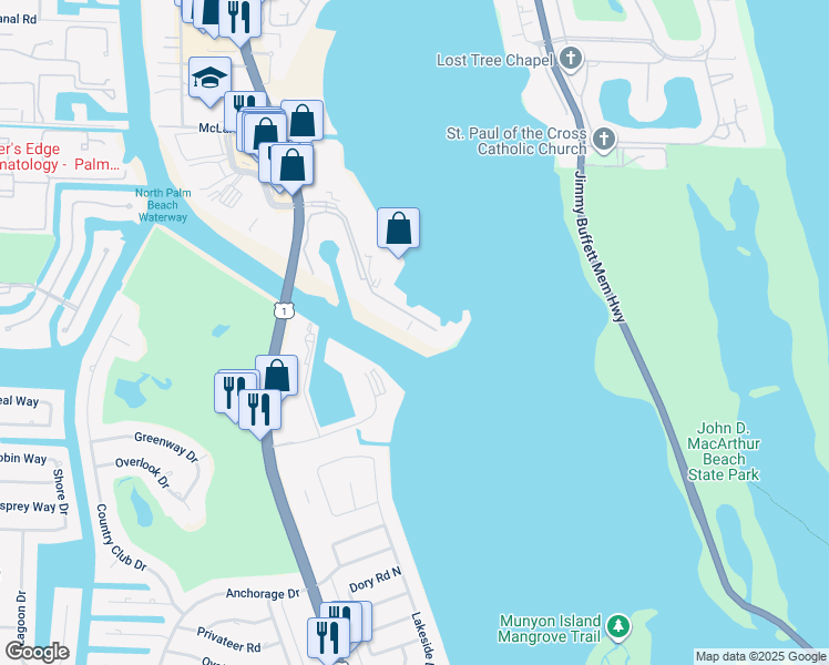 map of restaurants, bars, coffee shops, grocery stores, and more near 115 Lakeshore Drive in North Palm Beach
