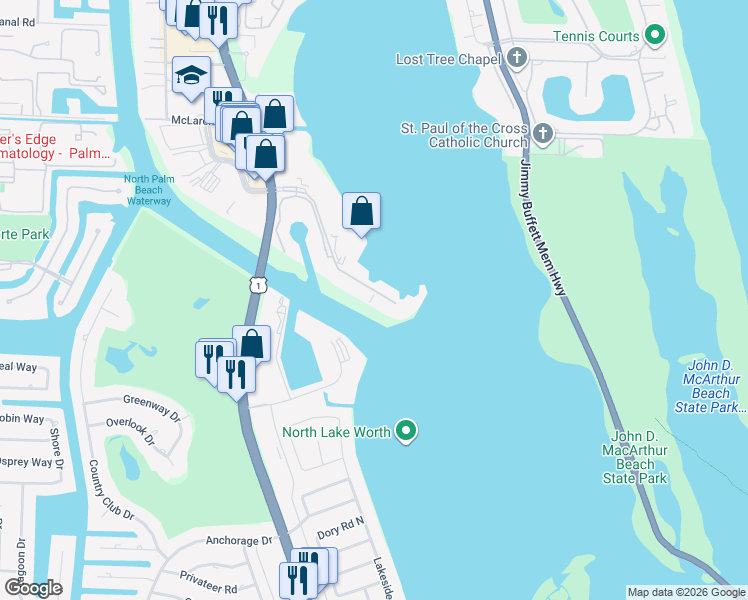map of restaurants, bars, coffee shops, grocery stores, and more near 115 Lakeshore Drive in North Palm Beach