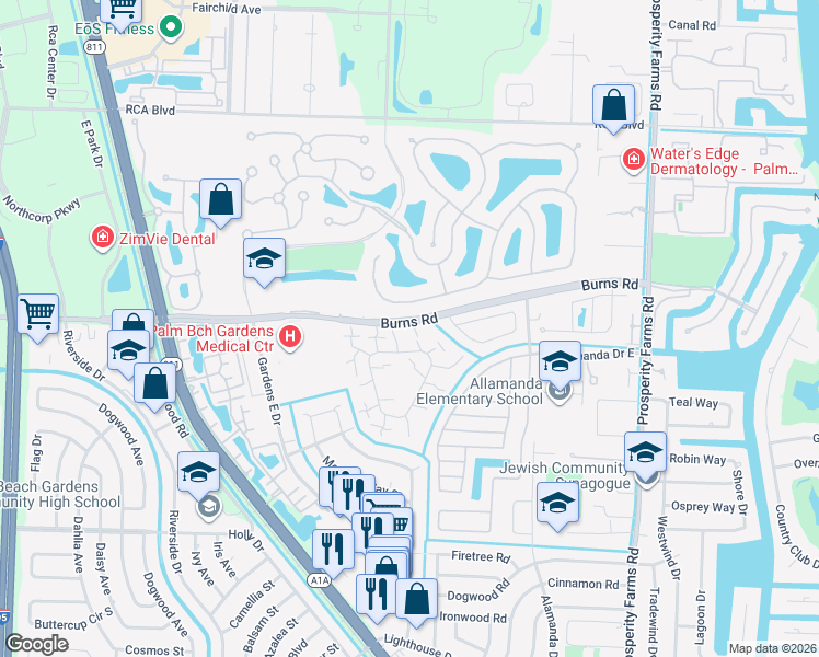 map of restaurants, bars, coffee shops, grocery stores, and more near 115 1st Court in Palm Beach Gardens