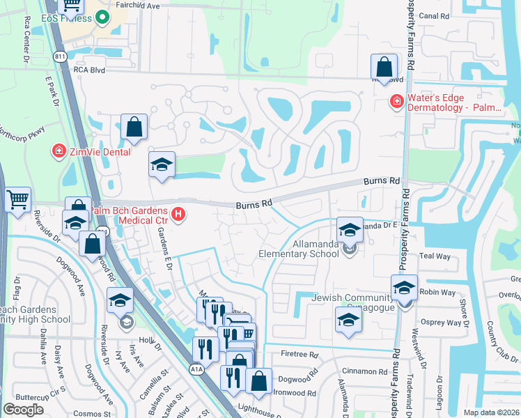 map of restaurants, bars, coffee shops, grocery stores, and more near 115 1st Court in Palm Beach Gardens