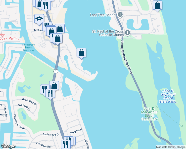 map of restaurants, bars, coffee shops, grocery stores, and more near 100 Lakeshore Drive in North Palm Beach