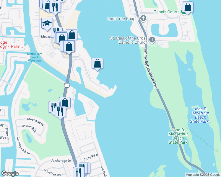 map of restaurants, bars, coffee shops, grocery stores, and more near 100 Lakeshore Drive in North Palm Beach