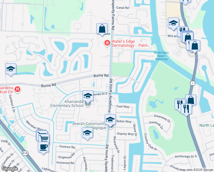 map of restaurants, bars, coffee shops, grocery stores, and more near 2540 Estates Drive in Palm Beach Gardens