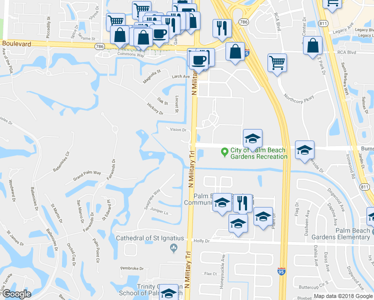 map of restaurants, bars, coffee shops, grocery stores, and more near 402 Vision Court in Palm Beach Gardens
