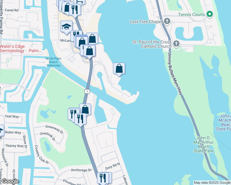 map of restaurants, bars, coffee shops, grocery stores, and more near 123 Lakeshore Drive in North Palm Beach