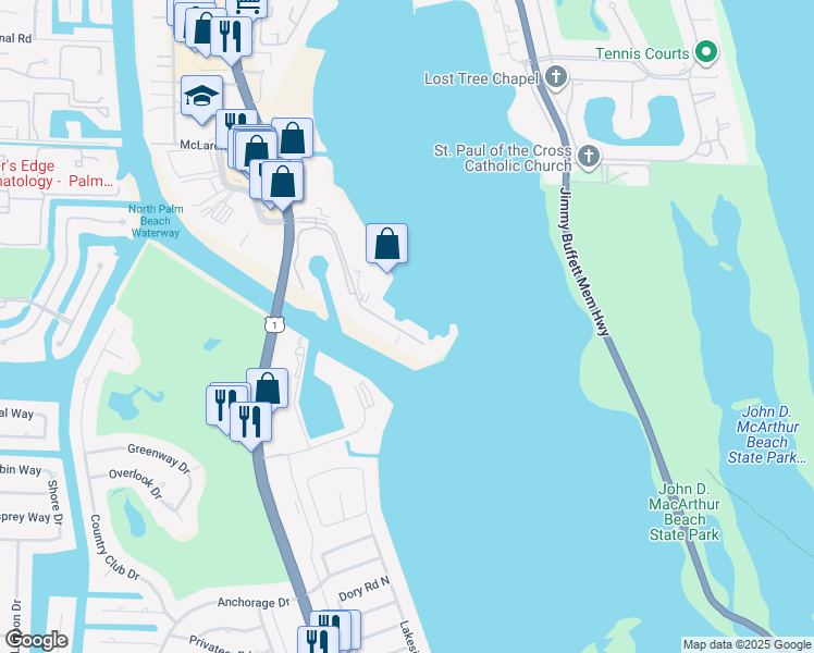 map of restaurants, bars, coffee shops, grocery stores, and more near 108 Lakeshore Drive in North Palm Beach