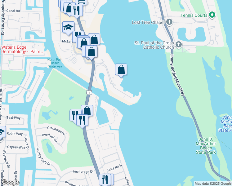 map of restaurants, bars, coffee shops, grocery stores, and more near 123 Lakeshore Drive in North Palm Beach