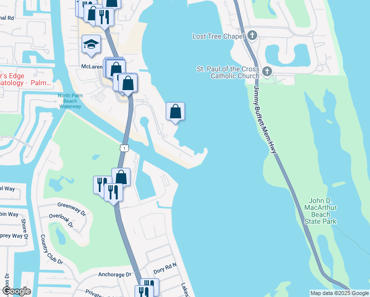 map of restaurants, bars, coffee shops, grocery stores, and more near 115 Lakeshore Drive in North Palm Beach