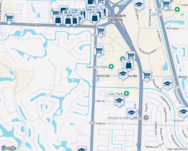map of restaurants, bars, coffee shops, grocery stores, and more near North Military Trail in Riviera Beach
