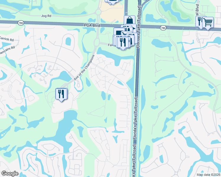 map of restaurants, bars, coffee shops, grocery stores, and more near 1 Old Fence Road in Palm Beach Gardens
